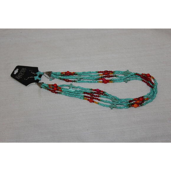 Silver Strike Jewelry - Silver Strike Multi-Strand Beaded Necklace Earrings Set  Turquoise Cross Accents